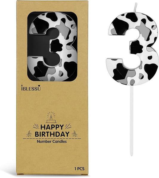 Number 3 Black Cow Birthday Candles，2.68 inch Metallic 3D Cow Birthday Candles, Cow Themed Cake Topper Decorations for Birthday Party Anniversary Celebration Supplies