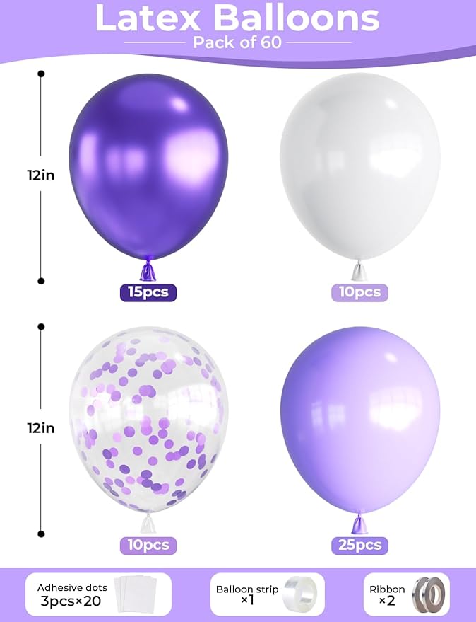 Purple and White Balloons, 12 Inch Mothers Day Balloons, 60 Pcs Pastel Purple Confetti Balloons,Lavender Lilac Balloon for Mother's Day/Birthday/Baby Shower/Graduation/Wedding Decorations