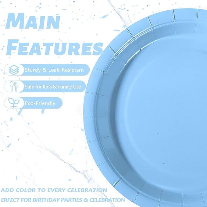 Light Blue Party Plates Set, 120-Piece Disposable Dinnerware for 40 Guests, Heavy-Duty 7-inch Paper Plates, Cups & Napkins for Baby Shower Boy, Pool Party, Nautical Theme, Summer