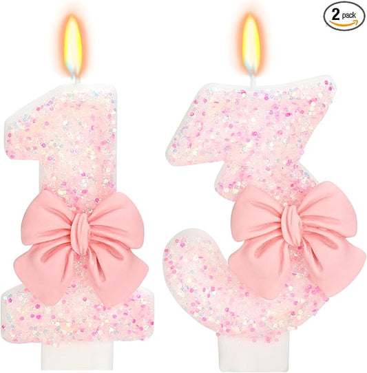 Number 13 Pink Bow Number Cake Candle, 2.76 inch Happy Birthday Candle, Cake Topper Decoration