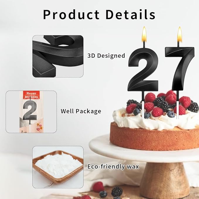 27th Birthday Candles 27 Candles for 27th Birthday Decorations for Boys Happy 27 Birthday Cake Topper Black Birthday Candles Black Number Candles