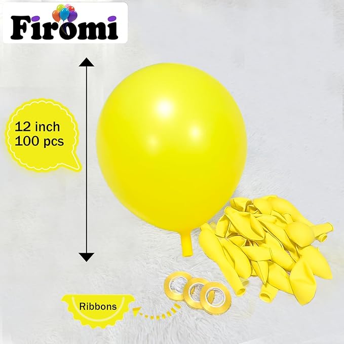 Firomi Yellow Balloons 12-inch 100 Pack Big Helium Round Matte Yellow Latex Balloon for Wedding Birthday Party (with 3 Ribbons)