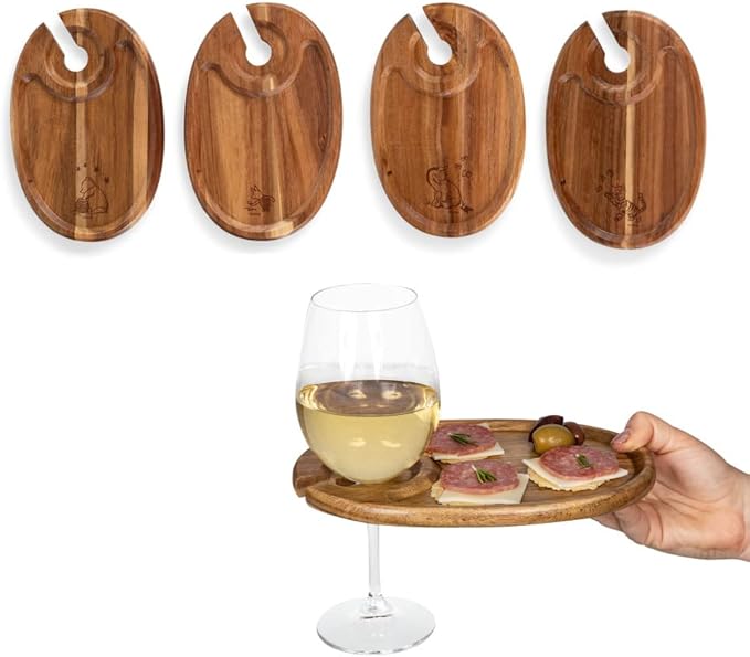 PICNIC TIME Disney Winnie the Pooh Wine Appetizer Plate Set of 4 with Glass Holder, Acacia Wood Cocktail Plates for Cheese Charcuterie and Easy Entertaining, (Acacia Wood)
