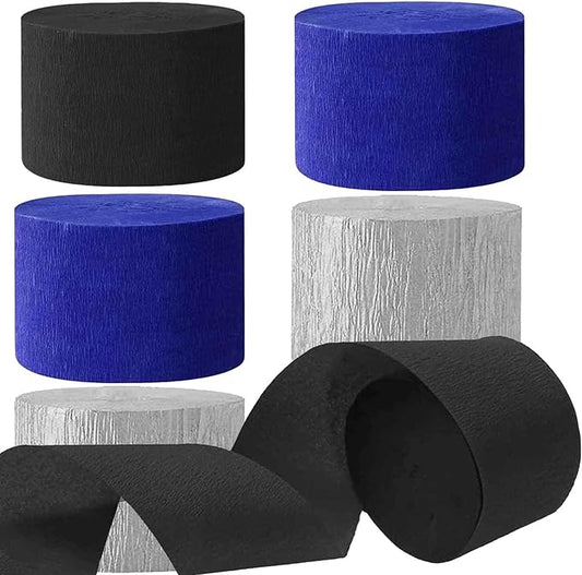 We Moment Black and Blue Silvery Crepe Paper Streamers Party Streamer 1.8 Inch Widening 6 Rolls,Black Blue Party Decorations Streamer 82 feet per roll for Birthday Party Decorations