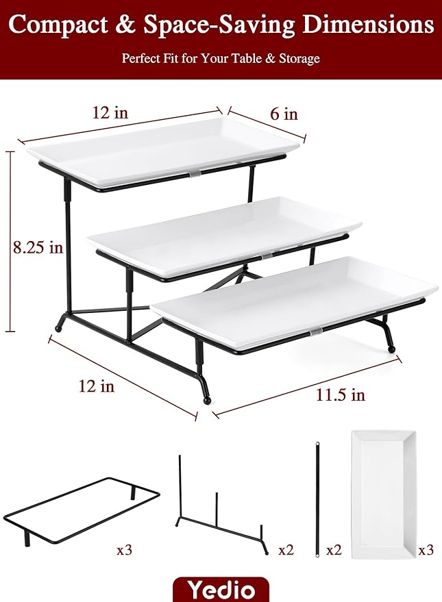 3 Tier Serving Trays for Party, Porcelain Serving Platters and Trays, 12 Inch Tiered Tray Stand, Fruit Tray, Trays for Serving Food, White Dessert Stand with Collapsible Sturdier Metal Rack