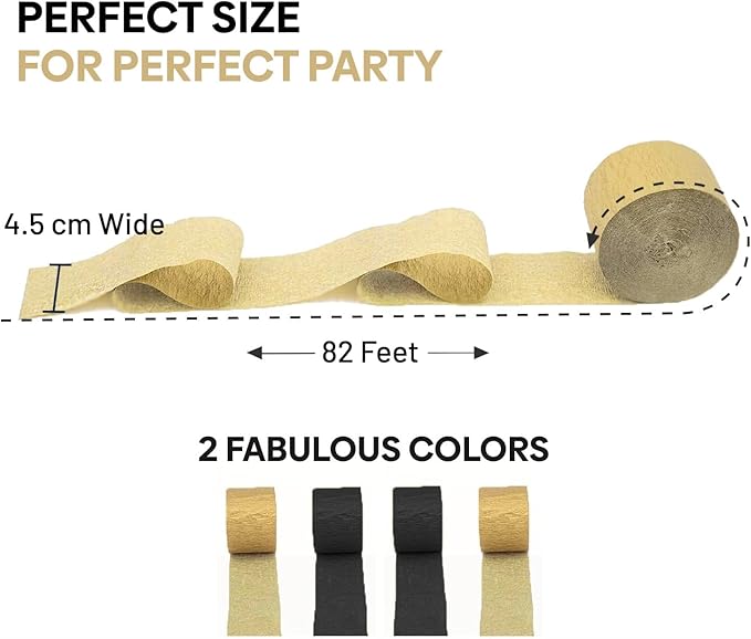 Captain Décor 4 Crepe Paper Streamers Rolls, 328ft Pack of 4 Gold and Black Streamers for Party Decorations, Birthday Streamers, Party Streamers for Wedding Decoration (1.8 inch x 82 ft/Roll)…