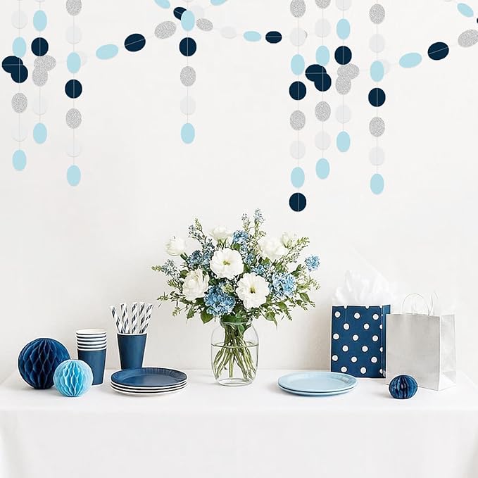 Silver Navy-Blue White Party-Decorations Birthday - 52ft Paper Garland Streamers Banner Birthday Decorations Christmas Baby Shower Winter Classroom Office Home Hanging Decor HongTongTong