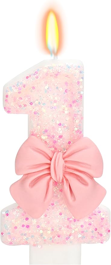 Birthday Candle for Cake, 1 Candle - Pink Glitter with Bowknot, 2.76 inch Happy Birthday Candle, Cake Topper Decoration for 1 Year Old Birthday Party (Number 1)