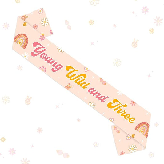 Boho Groovy 3rd Birthday Party Favor Young Wild and Three Birthday Sash Hippie Hobo Two Groovy Bday Decoration for Daisy Flower 3 Year Old Bday Girl Boho 3rd Bday Party Supply