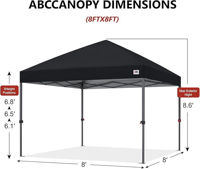 ABCCANOPY 8x8 Pop Up Canopy Tent, Easy Setup Instant Shelter with Wheeled Bag, Heavy Duty Outdoor Canopy for Beach, Market, Backyard, UV Protection, Outdoor Weather Protection (Black, 8x8)