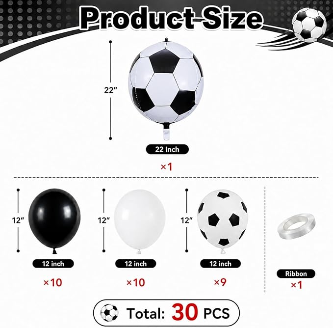 Soccer Balloons, 12 Inch Black White Latex Balloons with 22 Inch Soccer Ball 4D Foil Balloon for Boys Kids Sport Theme Birthday Decorations Football Lover Men Party Baby Shower Decor Supplies