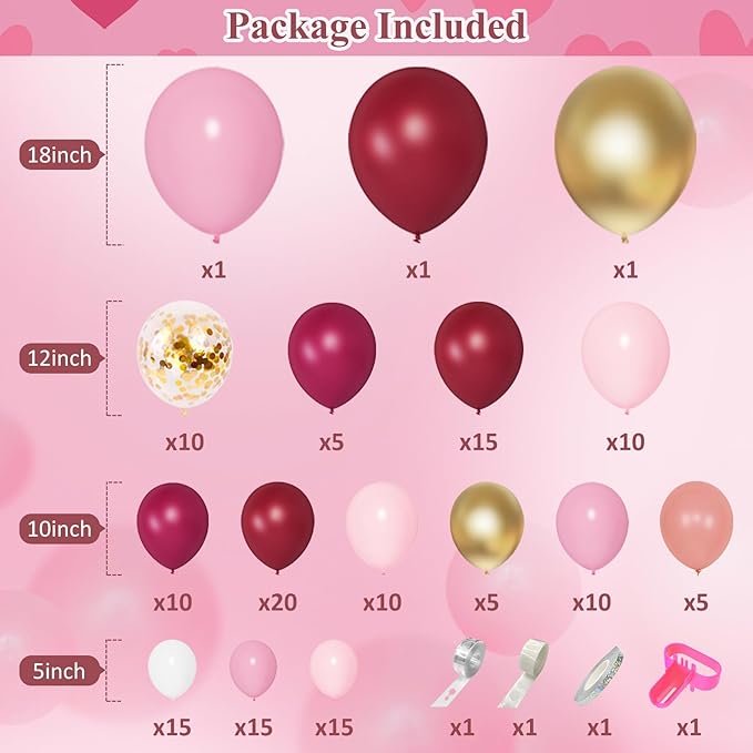 Amandir 162Pcs Burgundy Balloon Garland Arch Kit, Light Pink White Maroon Balloons Confetti Latex Metallic Gold Balloons for Valentines Birthday Bridal Shower Wedding Graduation Party Decorations