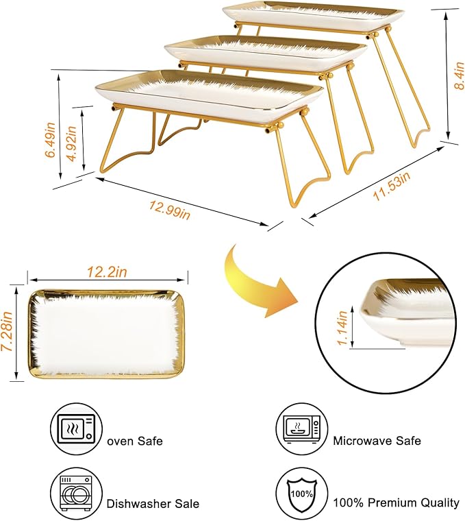 HAPPY KIT 3 Tier Serving Tray Set with Gold Freely Combinable Rack,12 Inch Tiered Tray Stand,Widened Porcelain Platters,Cupcake Stand Collapsible,Gold-Rimmed