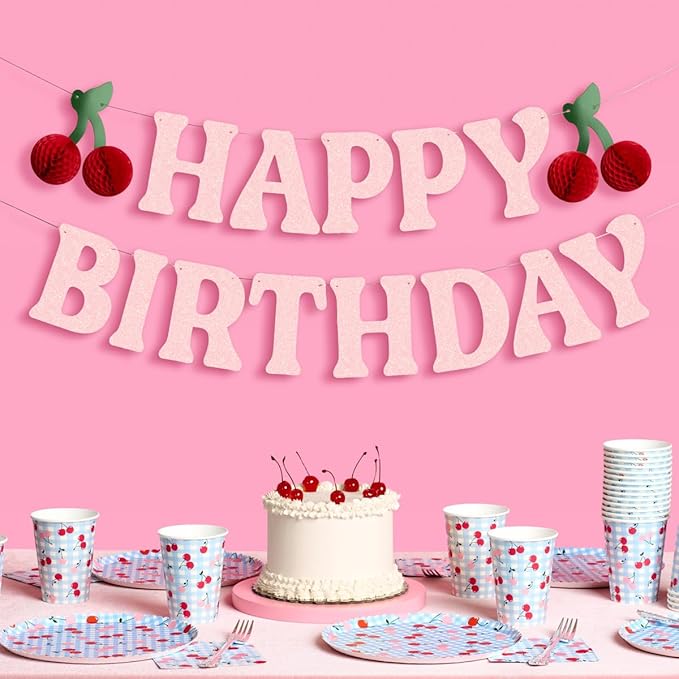 xo, Fetti Happy Birthday Cherry Banner - Pink Glitter, 6.5 Ft. | 3D Cherry Garland, Bday Decoration, Accordion Party Sign, Pop Up Photoshoot Backdrop