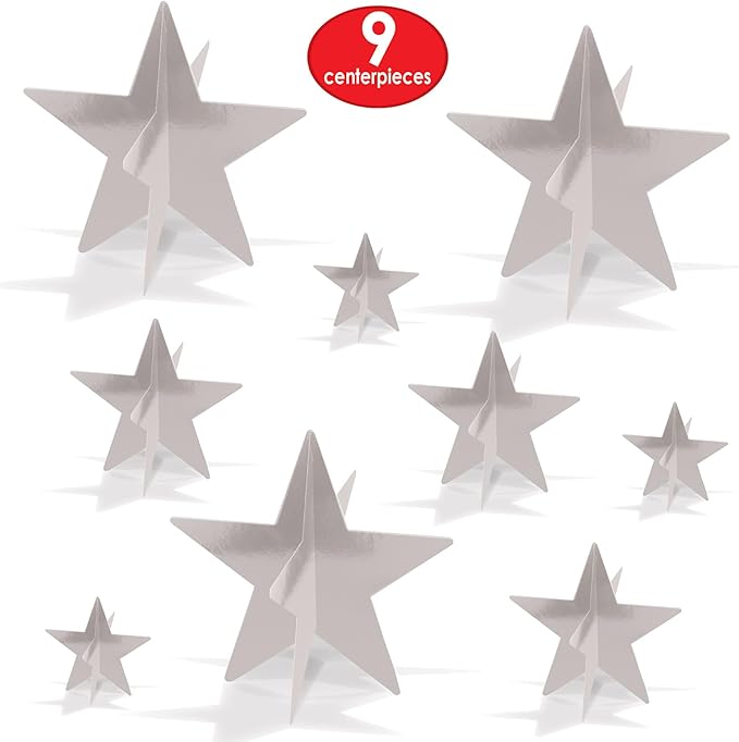 Beistle 3-D Foil Star Centerpieces, 9-Pack Silver Cardstock Table Decorations for Awards Night Themes, New Year’s Eve, Anniversary Parties and Elegant Celebration Displays, Three Sizes 3", 5½", 8"