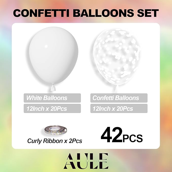 AULE Party Balloons Pack of 42-12in White Confetti Balloons & White Latex Balloons and 64ft Ribbons - 12 Inches Balloons Decorations Set