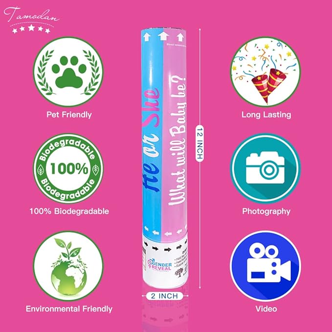 Gender Reveal Confetti Cannon - Set of 4 for Stunning Baby Gender Announcements, Perfect Gender Reveal Cannon for Parties and Celebrations (4 pink) (Non-Powder)