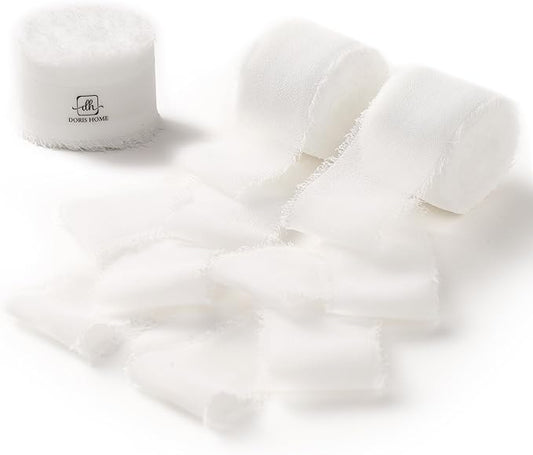 DORIS HOME White Chiffon Ribbon for Flower Bouquet, 1" x21Yd Fabric Ribbon for Gift Wrapping, Handmade Frayed Ribbon for Wedding Invitations/Christmas Decorations