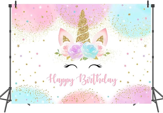 Mocsicka Unicorn Birthday Decorations Backdrop for Girls Party 10x7ft Pastel Rainbow Glitter Stars Dots Happy Birthday Banner Photo Booth Props
