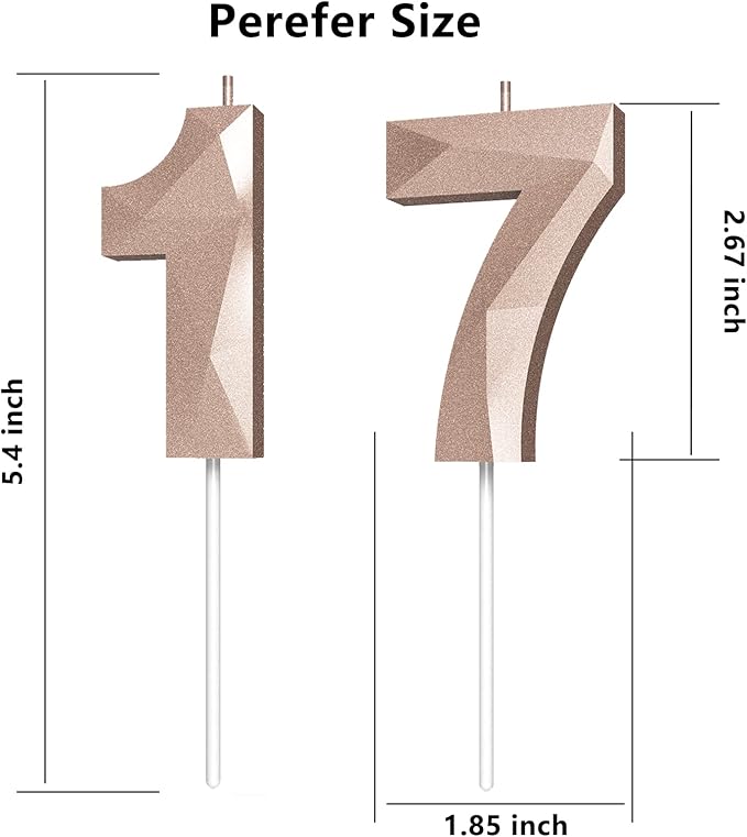 Number Birthday Candles(17 Candle Rose Gold) 3D Diamond Shape Number Happy Birthday Cake Candles for Birthday Party Wedding Decoration Reunions Theme Party