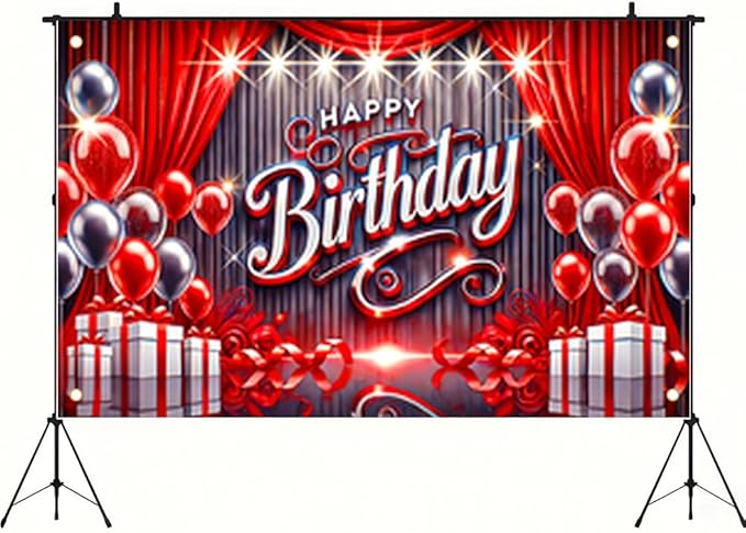 71x43 Inch Birthday Party Banner with Red and Silver Balloons Gift Boxes Curtains Stage Backdrop Indoor Outdoor Wall Door Porch Decoration Celebration Photo Prop