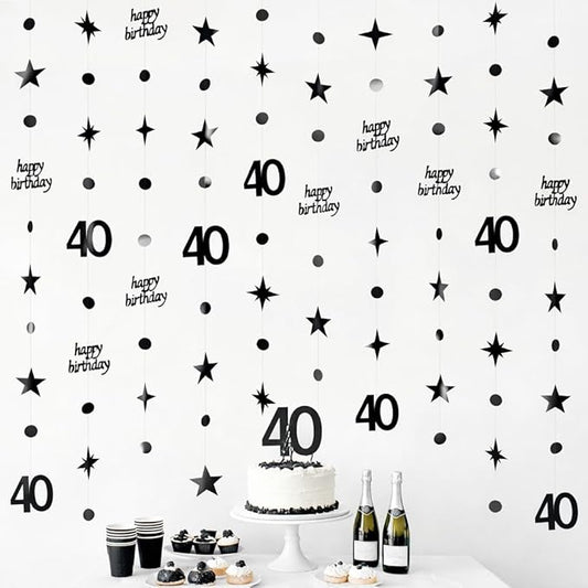 GCQQ Black 40th Birthday Decorations - 14M/46FT Mirror Star Garlands with Happy Birthday Number 40 Hanging Paper Streamer Banner 4 Packs Women Mens Dirty 40 Year Old Backdrop for Him & She