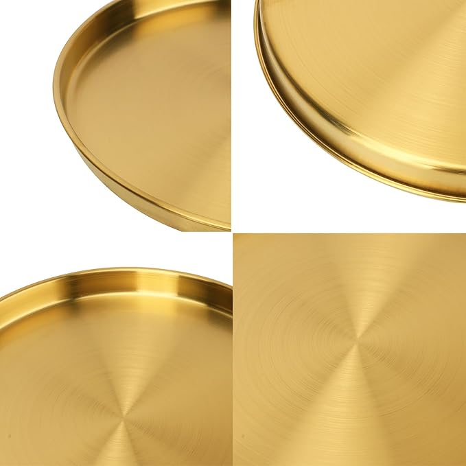 6 Pcs 12 Inch Gold Round Serving Tray, Stainless Steel Decorative Table Trays, Brushed Brass Finish, Multi-Functional for Home, Kitchen, and Vanity