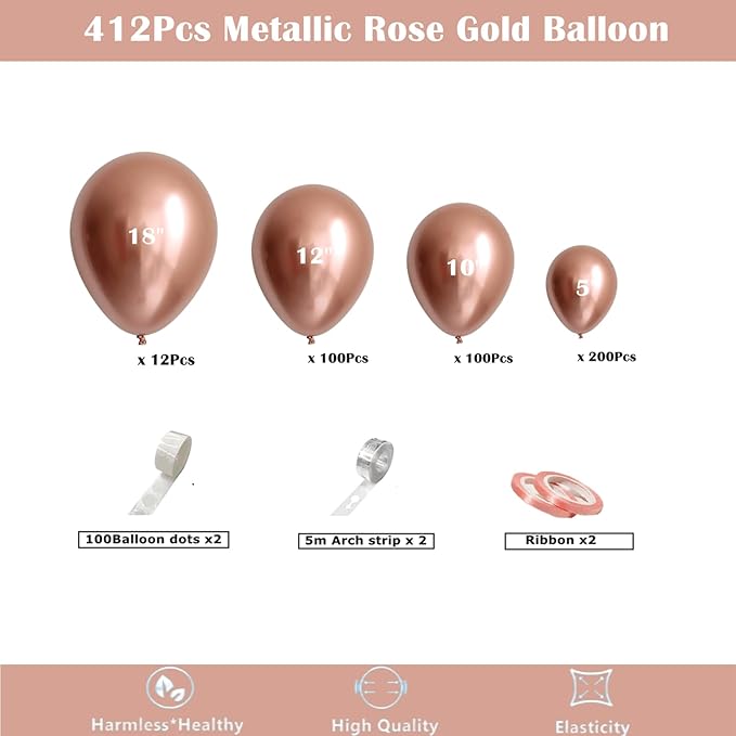 412pcs Metallic Rose Gold Balloon Garland Arch Kit 18 12 10 5 Inch Different Sizes Latex Chrome Balloons for Baby Shower Birthday Graduation Wedding Anniversary Party Decoration