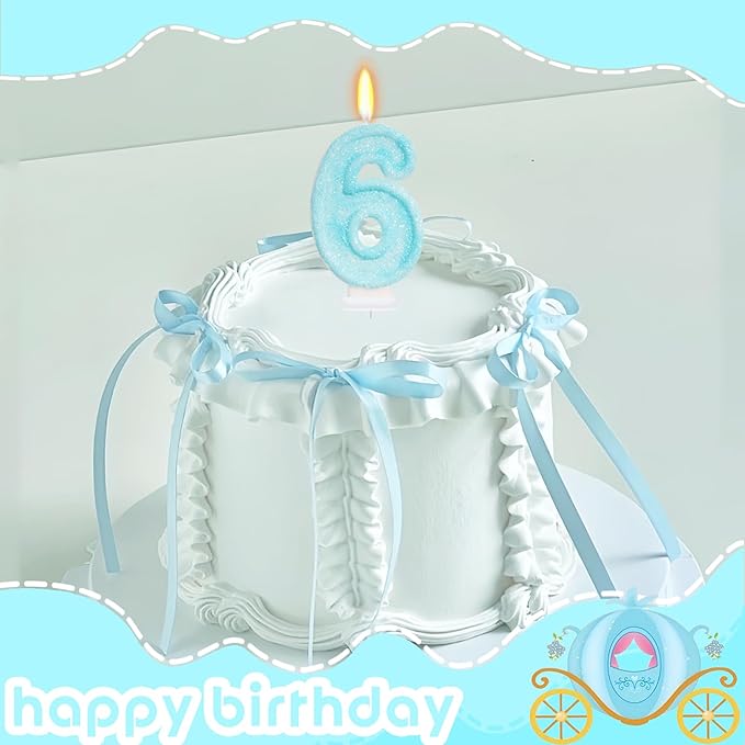 Blue Birthday Candles - Number 6 Candle for 6th Birthday Decorations for Girls Boys, Sky Blue Cake Decorations Sweet Theme Party Supplies