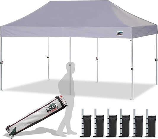 Eurmax USA 10x20ft Pop Up Canopy, Commercial Instant Tent for Outdoor Events, Patented No-Tip Rolling Storage Bag with 6 Sandbags,UV & Water Resistant,Heavy Duty Portable Shelter Gazebo,Grey