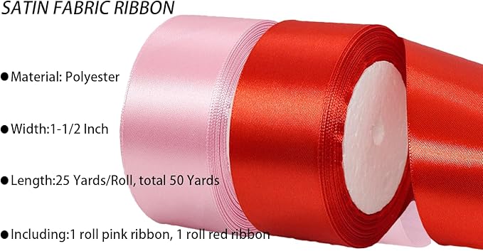 2 Rolls Red Pink Ribbon, 1-1/2 Inch x 50 Yards Satin Pink Red Fabric Ribbon for Flower Bouquets, Gift Wrapping, DIY Crafts, Birthday Cakes, Holiday, Wedding Party and Mother’s Day Decorations