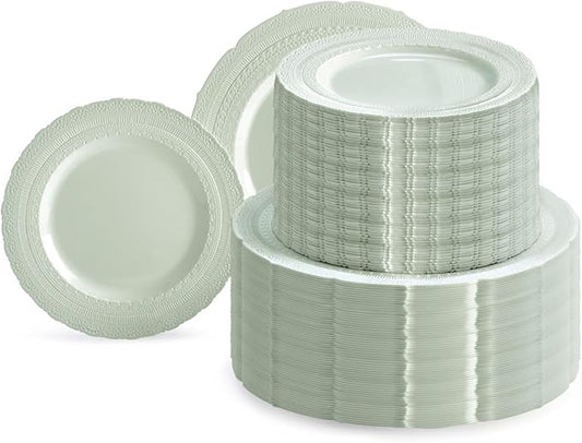 OCCASIONS 240pc Heavy Duty Disposable Plastic Plates Set for 120 Guests ??120 Dinner (11") & 120 Salad/Dessert (8.25") Plates ??BPA Free, Chateau Mint