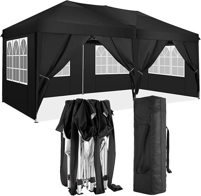 10x20 Pop Up Canopy Tents for Parties, Portable Outdoor Tent with Carry Bag & 4 Sandbags, for Wedding, Patio Events, Commercial, Birthday, Graduation (Black, 10x20)