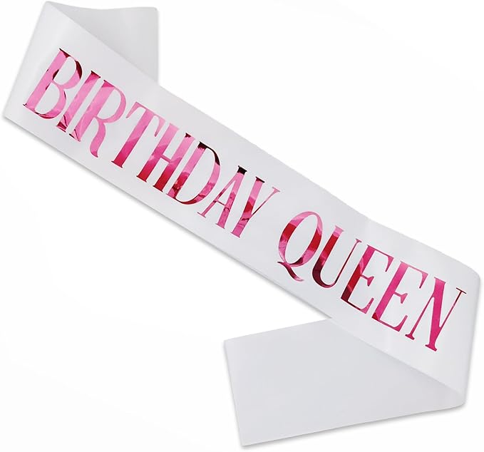 Birthday Queen Sash, Pink Foil White Birthday Sash for Women 21st 30th 40th 50th 60th 70th Fun Birthday Party Favors Gifts Decorations