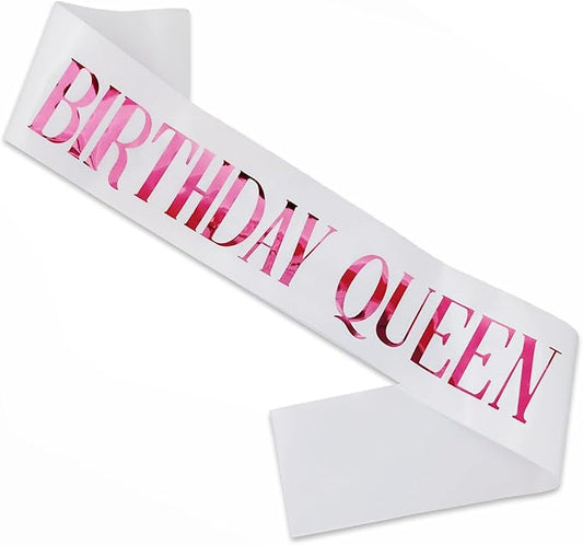 Birthday Queen Sash, Pink Foil White Birthday Sash for Women 21st 30th 40th 50th 60th 70th Fun Birthday Party Favors Gifts Decorations
