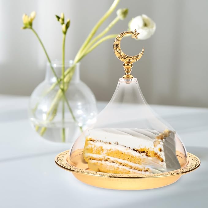 POPETPOP Carved Disc Cake Plate with Cover 6.7 Inch Round Metal Dessert Stand for Wedding Party Snack Display and Cupcake Holder