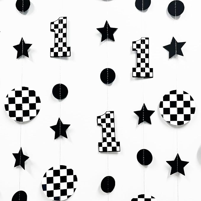 Fast One Birthday Decorations Black White Checkered Polka Dot Star Hanging Garland Banner for Checkered Race Car First Lap Around the Track Bday Talladega Nights 1st Birthday Decorations Supplies