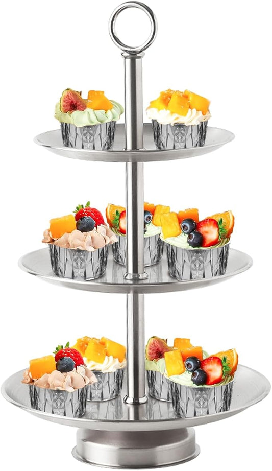 3 Tier Silver Metal Cupcake Stand Holder,Stainless Steel Cup Cake Stand Tower with Tiered Serving Tray and Base for Parties,Weddings,Birthdays and Any Festivals and Celebrations(with Base)