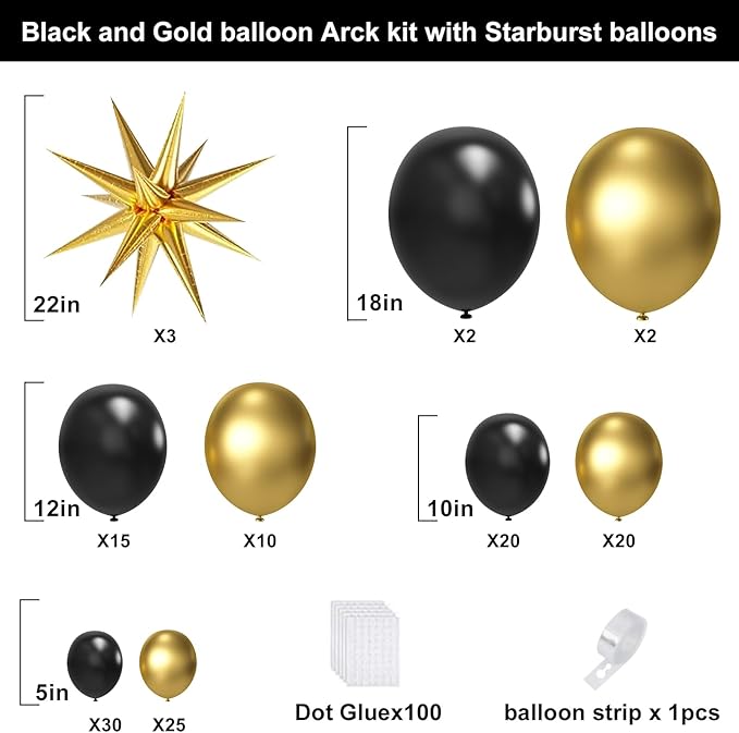 Black and Gold Balloons with 3pcs Starburst Balloons, 5 10 12 18 inch Black and Gold Balloons Garland Arch Kit for Birthday, 2026 New Years, Graduation and Anniversary Decorations Supplies
