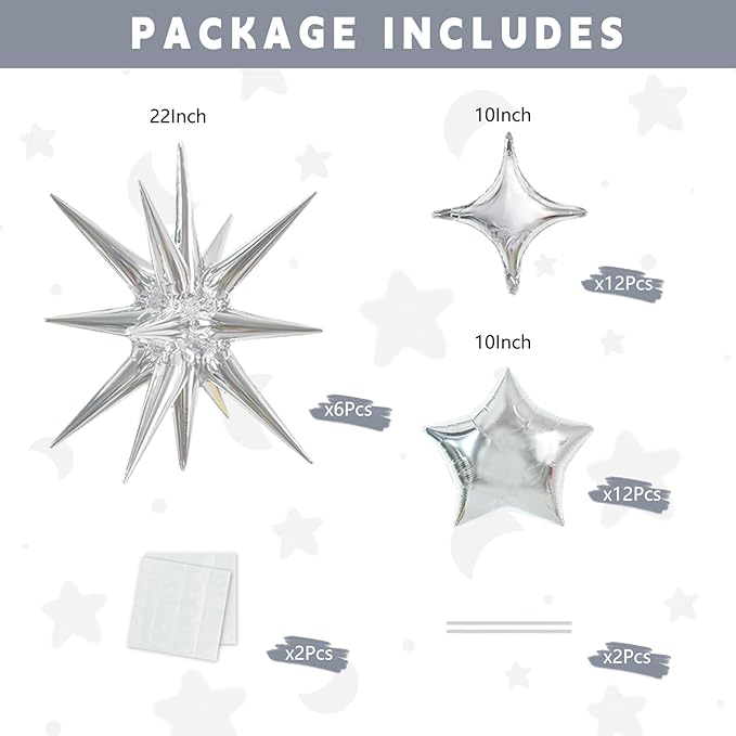 TONIFUL 30Pcs Silver Explosion Star Foil Balloons Set Four Pointed Star Shape Foil Balloons Star Mylar Foil Balloons for Birthday Wedding Baby Shower Anniversary Engagement Party Decorations Supplies