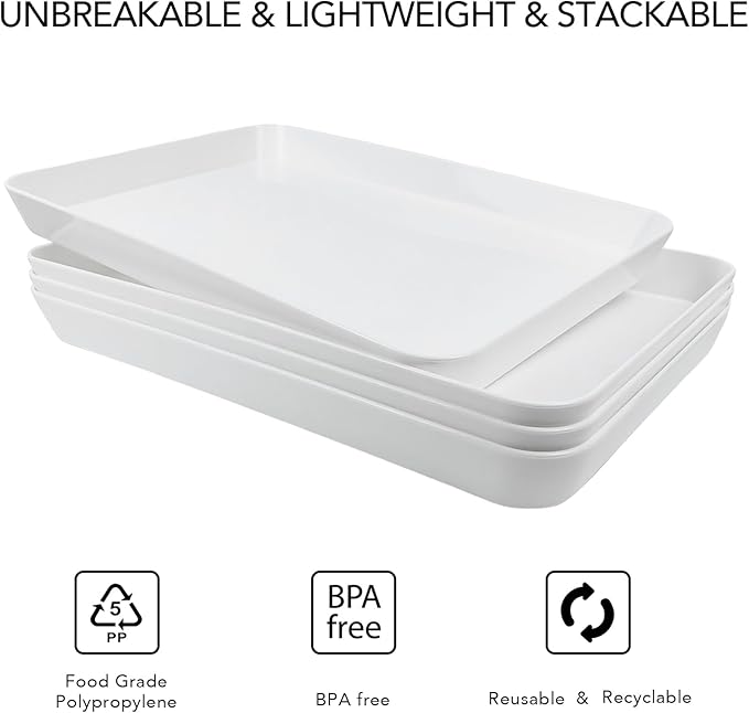 4 Pcs 16" x 11" Large Serving Trays for Party Supplies, Plastic Platters for Serving Food, Unbreakable Reusable Trays for Snack, Fruit, Cookies, Desserts in Kitchen, BPA Free, White