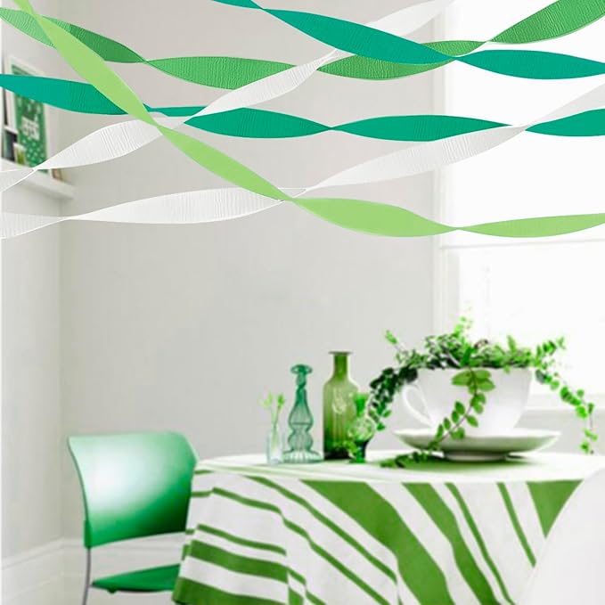 PheiLa Green Party Supplies, 4 Rolls Green and White Crepe Paper Streamers for DIY Gift Wrapping Paper Birthday Baby Shower Wedding Holiday Party Decorations, 1.77 Inch x 82 Ft/Roll, 328ft