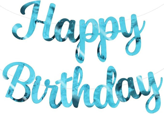 BEISHIDA Happy Birthday Banner - NO DIY,Double-Sided Lake Blue 10Feet Pre-Strung-Glitter Birthday Sign Garland Backdrop Decorations for Women men Party
