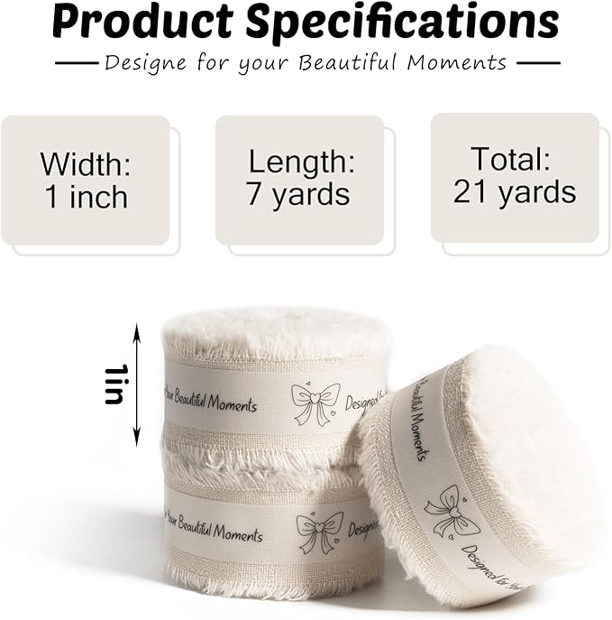 Beige Cotton Ribbon 1 Inch Beige 3 Rolls 21 Yards Frayed Edge Fabric Set for Rustic Wedding Decor, Bridal Bouquet Wrap, Farmhouse Decor, Wreath Making & Gift Wrapping