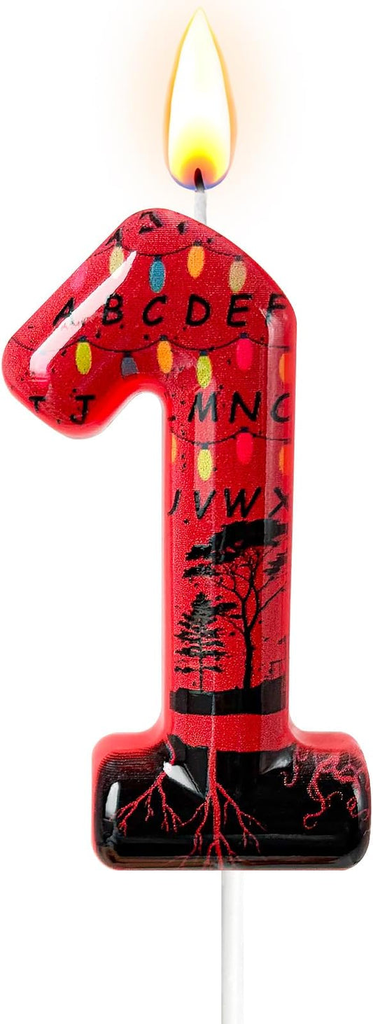 Red Number 1 Birthday Candle for Cake – Dark Horror Style with Alphabet Print & Shadow Design – Unique Cake Topper for Birthday, Anniversary, Themed Party Decoration