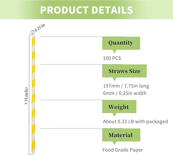 Yellow White Striped Paper Straws, Pack of 100 Disposable Yellow Lemon Drinking Straw for Cockatil, Cake Pop Sticks, Candy Sticks, Anniversary, Birthday Party Supplies