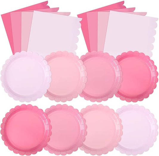 120 Pcs Paper Plates and Napkins Party Supplies Bulk Disposable 7 Inch Scalloped Plates Cocktail Napkins for Wedding Bridal Baby Shower Birthday Decorations, Serve 60(Pink Series)