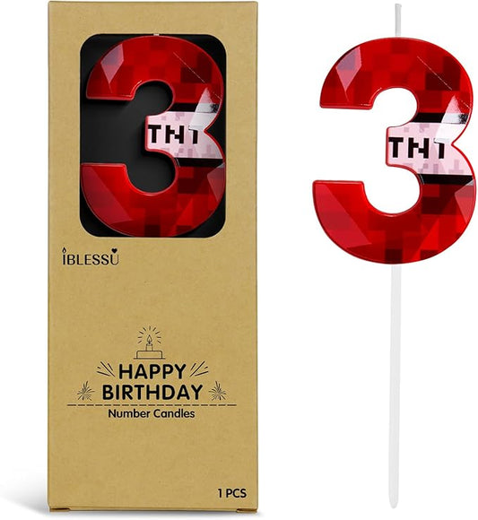 Pixel Birthday Candle, 2.68 Inch Miner Number Candles, Game Themed Candle Birthday Decoration for Pixel Theme Birthday Anniversary Dynamite Video Game Party (Red, 3)