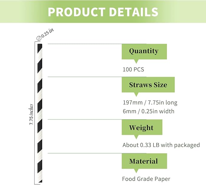 Black White Stripes Paper Drinking Straws, 100 Count Black Striped Straw Paper