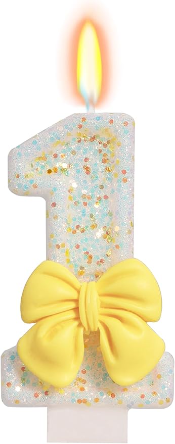 Birthday Candle for Cake, Yellow Bow Cake Candles, Cake Topper Decoration for Birthday Party (Number 1)